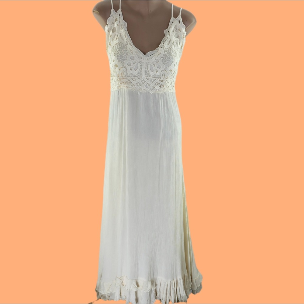 Chelsea & Violet Maxi Dress Womens Medium Ivory Boho Lace Tiered Ruffle V3275REC